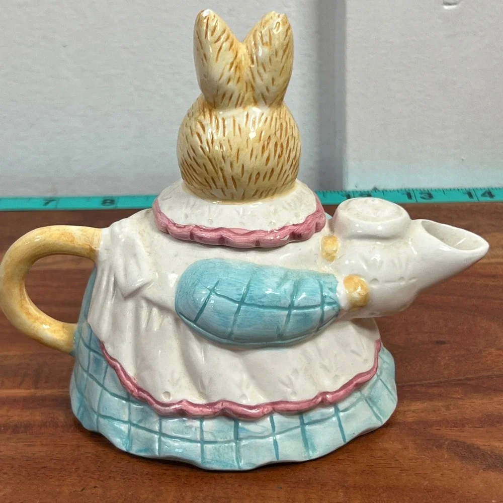 Vintage Ceramic Rabbit Teapot Bunny in Blue Checkered Skirt Hand Painted 6in